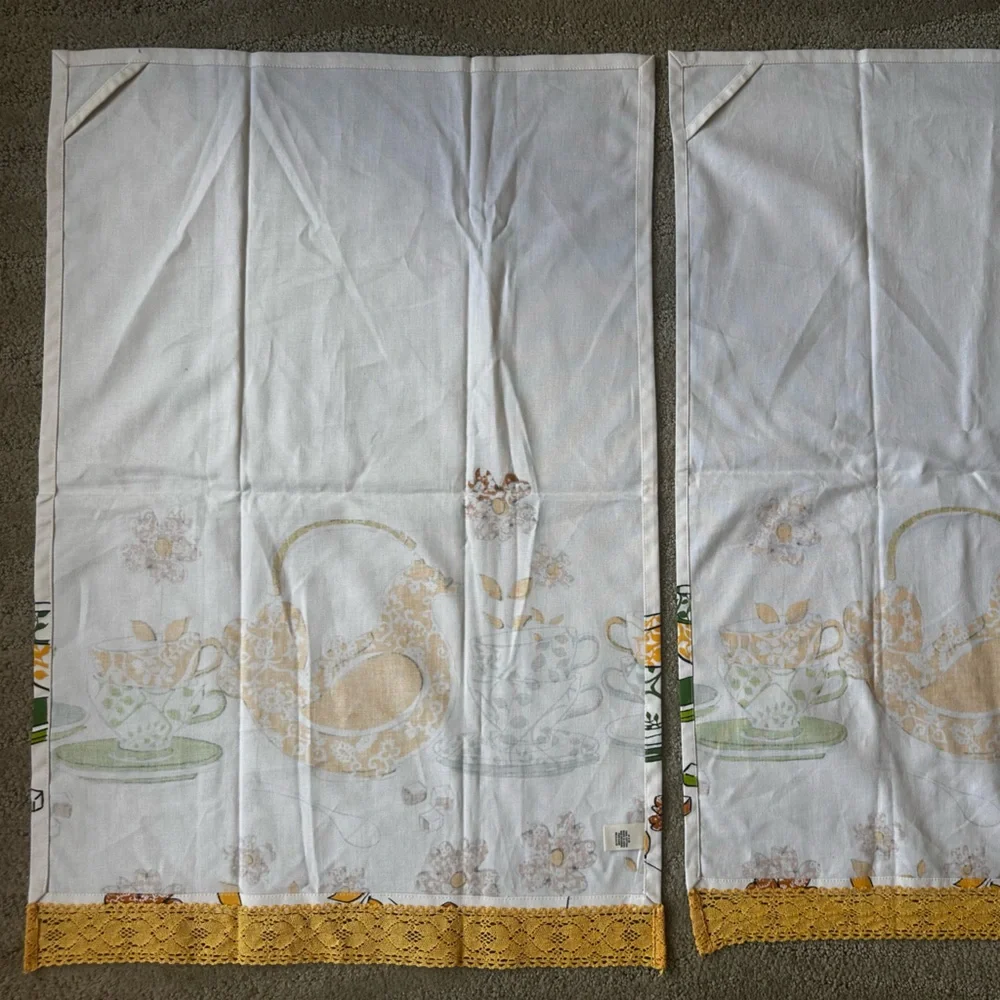 NEW Anthropologie 2 Cotton Tea Towels Bird Teapot Floral Mid Century Print
